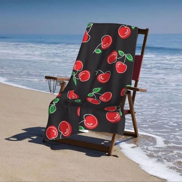 Black microfiber Towel with Red Cherry Print - Picture 4 of 5